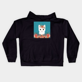 The cute white cat queen is watching you from the flowerbed Kids Hoodie